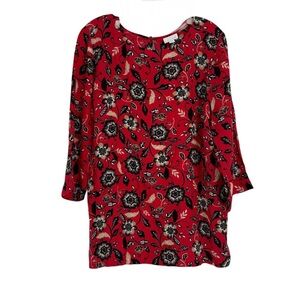 J. Jill NWT Size L red black floral Top back Button Accent Rounded neckline